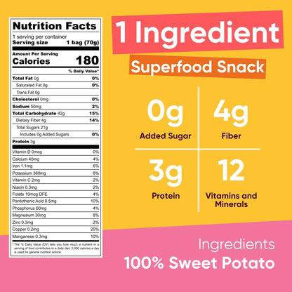 Yammy Dried Sweet Potato Sticks Snack Size 2.5 oz - Yammy 1 Ingredient Superfood Snacks